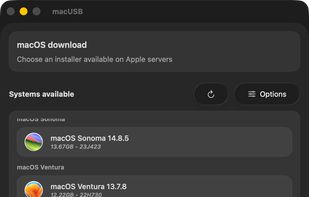 Browse macOS installers available directly from Apple’s servers, including older releases