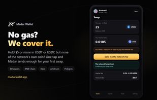 No gas? Hold $5+ in USDT or USDC and Madar sends the network fee for your first swap