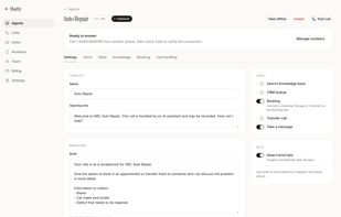 Agent management screen and tool selection.