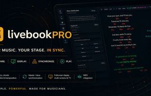 LivebookPRO interface showing synchronized sheet music, lyrics and chords across multiple devices in real time
