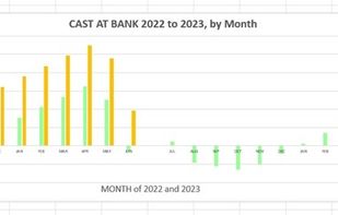 User created chart of cash at bank providing early warning of deficiencies during two years.
