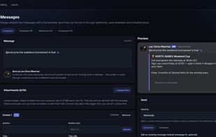 Message builder: design embeds with a live Discord preview and send them as the bot or via webhook.
