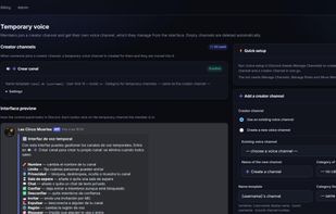 Temporary voice channels: members create their own voice room and manage it from a button interface.