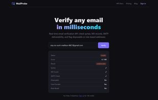 Free verifier on the homepage: type an address, get the verdict in seconds without an account. Here a non-existent mailbox is caught by the live SMTP probe — status invalid, score 0, undeliverable — with every underlying signal shown: syntax, MX, SMTP handshake, disposable, free provider, role-based.