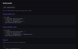 The verification endpoint: one POST with a bearer token and an array of 1 to 500 addresses. The JSON response returns every field per address, including the reason code and the did_you_mean typo suggestion.