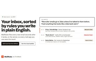 MailRules: a rule written in plain English, and three new emails it moved to Jobs, moved to Trash or kept in the inbox, each with a reason.