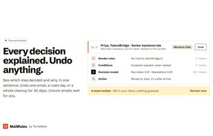 One email's decision explained step by step: sender rules, conditions, decision model with its confidence, the action taken, and an Undo button.