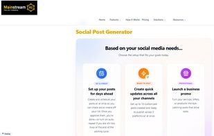 Choose between scheduled campaigns, quick multi-platform updates, and promotional social posts through Mainstream AI’s guided Social Post Generator.