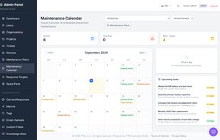 Maintenance calendar with upcoming tasks and workload overview