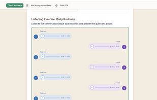 A multi-speaker listening exercise: every line has its own audio and its own voice, followed by comprehension questions.
