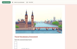 Student view of a generated crossword, with an illustration created for the lesson. Students check answers in place or print the lesson as a PDF.
