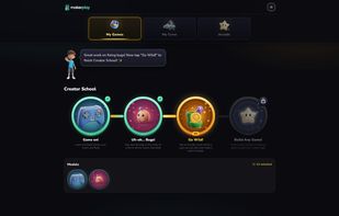 Kids learn how to build games through 3 guided missions in Creator School.