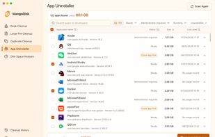 App Uninstaller lists installed apps, disk usage, running status, and related leftovers.