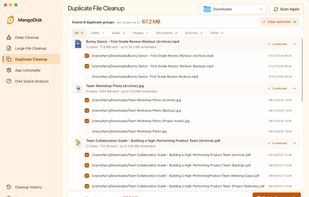 Duplicate File Cleanup groups exact duplicate files and lets users choose which copies to keep or remove.