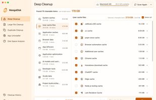 Deep Cleanup scans system caches, developer caches, project build artifacts, and app leftovers for review before cleaning.