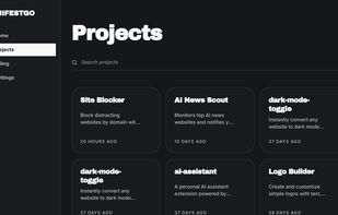 The user dashboard showing saved projects and generated extensions, such as site blockers and custom toggles, ready for export.