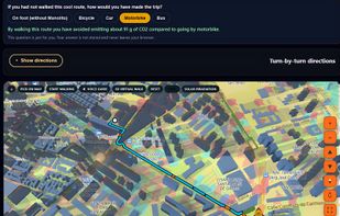Manolit estimates the route's microclimate by finding the coolest streets to walk on. 
It then calculates your CO₂ savings to show exactly how much pollution you avoid 