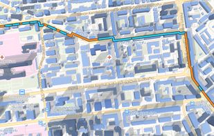 A street route showing the interplay between direct sunlight and architectural shadows across Tbilisi's blocks