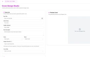 The Cover Design Studio for generating full-wrap book covers using AI. Authors can input book details, genre, mood, and imagery keywords to create custom, professional-quality covers.
