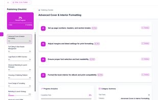 A guided publishing checklist that walks authors through every step of the publishing process, including formatting, beta reader management, ISBN setup, and marketing preparation.