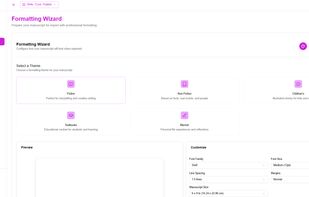 The Formatting Wizard where authors can select themes (fiction, nonfiction, memoir, children’s, textbooks) and customize fonts, margins, spacing, and trim size before exporting professionally formatted files.
