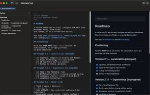 Source and rendered output side by side, with the document outline in the left column.