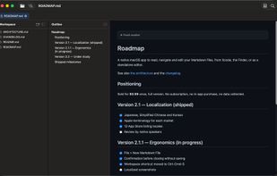 Open a folder as a workspace and browse every Markdown file in a tree.