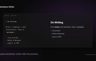 Markdown Writer editor with live preview and Markdown document workspace.
