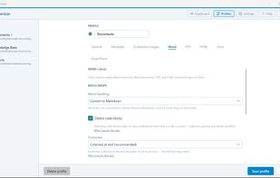 Fine-tune how Word documents convert — footnotes, text boxes, and code block detection, all per profile.
