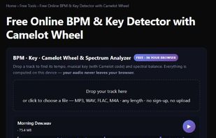 Music Analyzer with a loaded track, waveform, detected BPM, musical key and Camelot code.