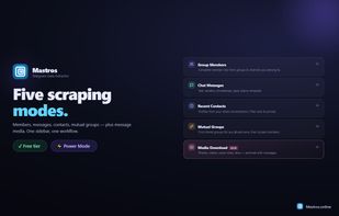 Five scraping modes: members, messages, contacts, mutual groups, and media.