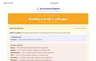 Adaptive assessment report with parent summary and 4-week practice plan