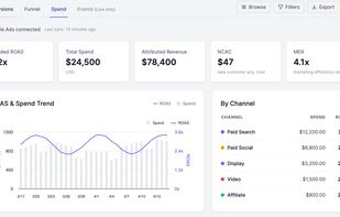Per-channel ROAS, blended ROAS, MER, and new-customer cost — measured against attributed revenue, not what each ad platform claims for itself.