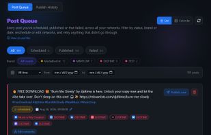Everything you have scheduled, published or that failed, across all your brands. Filter by status, brand or date, reschedule in place, edit the target networks, and retry anything that did not go through.

The same queue as a calendar: drag a post to another day and it publishes there, down to the minute.