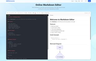 MDFileConverter is a free browser-based Markdown editor with a live split-pane preview. Write Markdown on the left, see rendered output on the right with synchronized scrolling. Features include a rich formatting toolbar, code syntax highlighting, Mermaid diagram rendering, KaTeX math support, and import/export of .md files. 100% client-side — no uploads, no account needed.