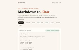 WhatsApp output: headings become bold lines, task lists and links stay intact, and small all-numeric tables keep an aligned column layout.