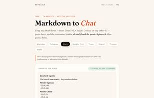 Each app gets its own dialect: for Slack the result is real rich text — bold headings, lists, links and card tables — matching Slack's own composer.