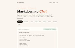 Chat apps can't show Markdown tables, so each row becomes a readable card (bold title plus labelled bullet lines) instead of a monospace grid that wraps on phones.