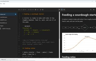 One file holds the document and its images. Write on the left, see it rendered on the right in dark mode