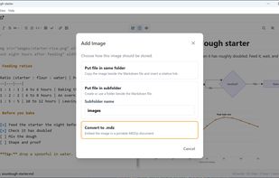 Paste an image into a Markdown file and choose where it goes: beside the file, or inside it with Convert to .mdz
