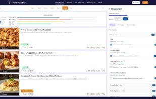 Signle Day Meal Plan View With Store Specific Shopping List, and Calorie Counting
