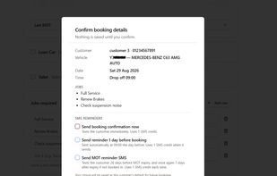 NBooking confirmation form with SMS reminder options.