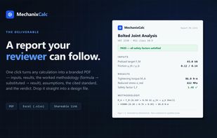 Each calculation exports to a branded PDF engineering report a reviewer or client can follow line by line.