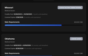Dashboard. View your CME credit progress, upcoming license renewal deadlines, and continuing education requirements all in one place.
