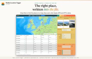 Main window: files on the map, the metadata table and the location sidebar. Drop files in, find the place, drop a pin, click Apply.