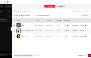 Audio conversion interface showing a batch list of tracks with selectable output formats, bitrate, sample rate, and real-time conversion progress.