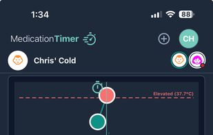 View your care timeline with medications, temperature readings, short course medication intake (eg antibiotics) and notes