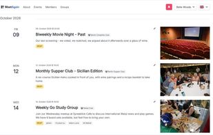 The events list with upcoming meetups of three groups