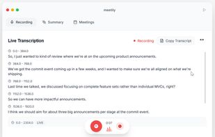 The window is completely white. Tabs at the top: Recording, Summary, Meetings.

At the bottom: the ‘Record’ button with the microphone, the duration of the current recording and, on the web demo, a “stopwatch” button to pause (standard ‘pause’ button on the software).
Section title: Live Transcription.

Status: Recording in progress (indicated by a red dot and the word ‘Recording’).