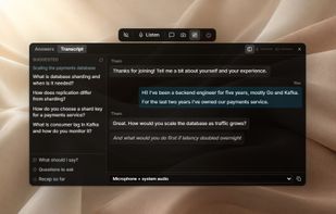 Meetingly transcript and contextual AI answer panels on the desktop.